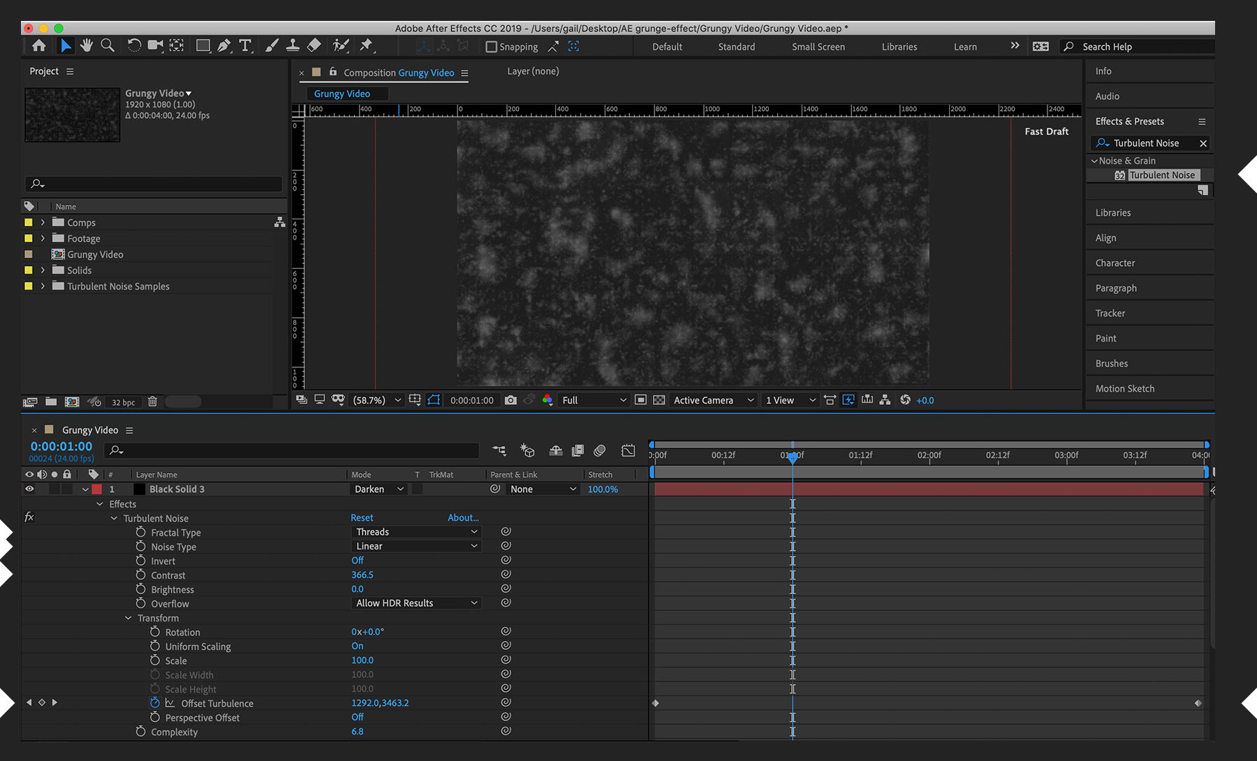 Turbulent Noise settings are changed to Fractal Type Threads and Noise Type Linear to create a dirtier texture.