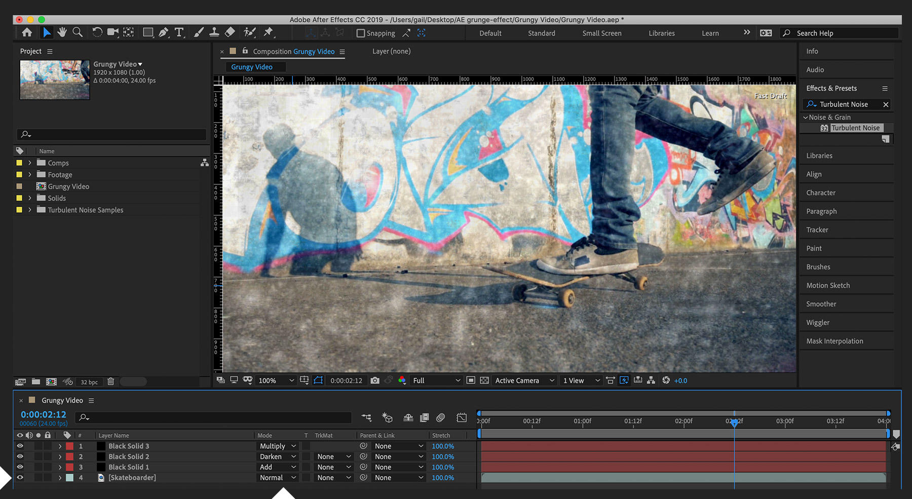 Turbulent Noise blending modes are applied to the skateboarder photo, creating a grungy look.