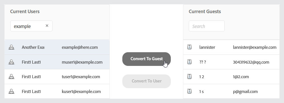 Convert guest to user and user to guest screen