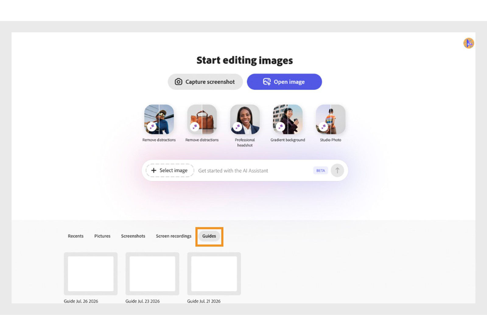 The Express Photos home screen with the Guides tab selected, showing saved guides listed by date.