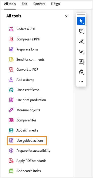 Guided actions is highlighted in Adobe Acrobat