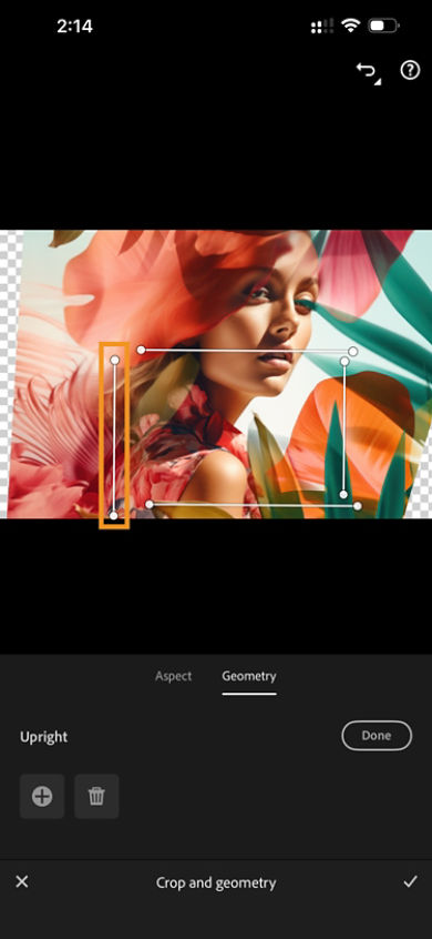 lady edited images where upright guide lines are displayd and one of them is highlighted over a geometry tool of crop feature.