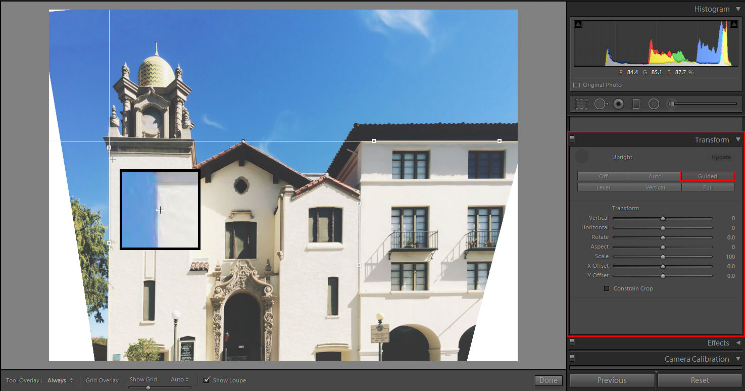 Draw guides on your photo using Guided Upright Tool in Lightroom CC