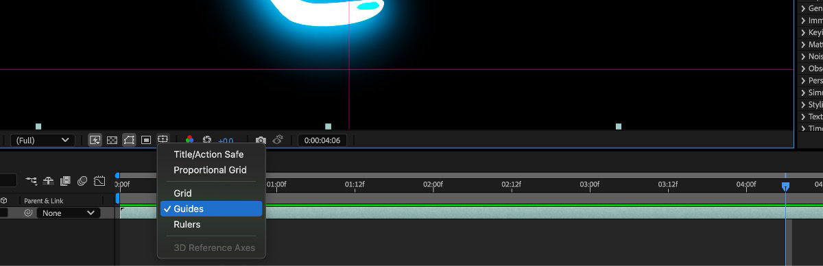 The Choose grid and guide options context menu is open and Guides is selected.