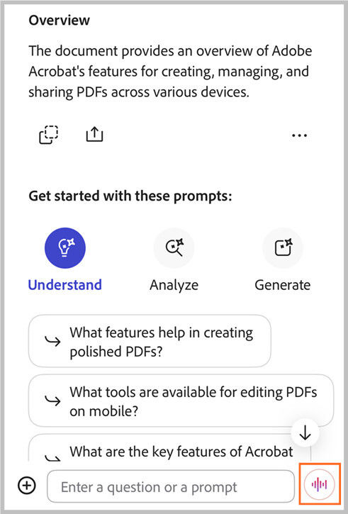 Prise en charge vocale mais-libres de l’Assistant IA dans Acrobat pour iOS