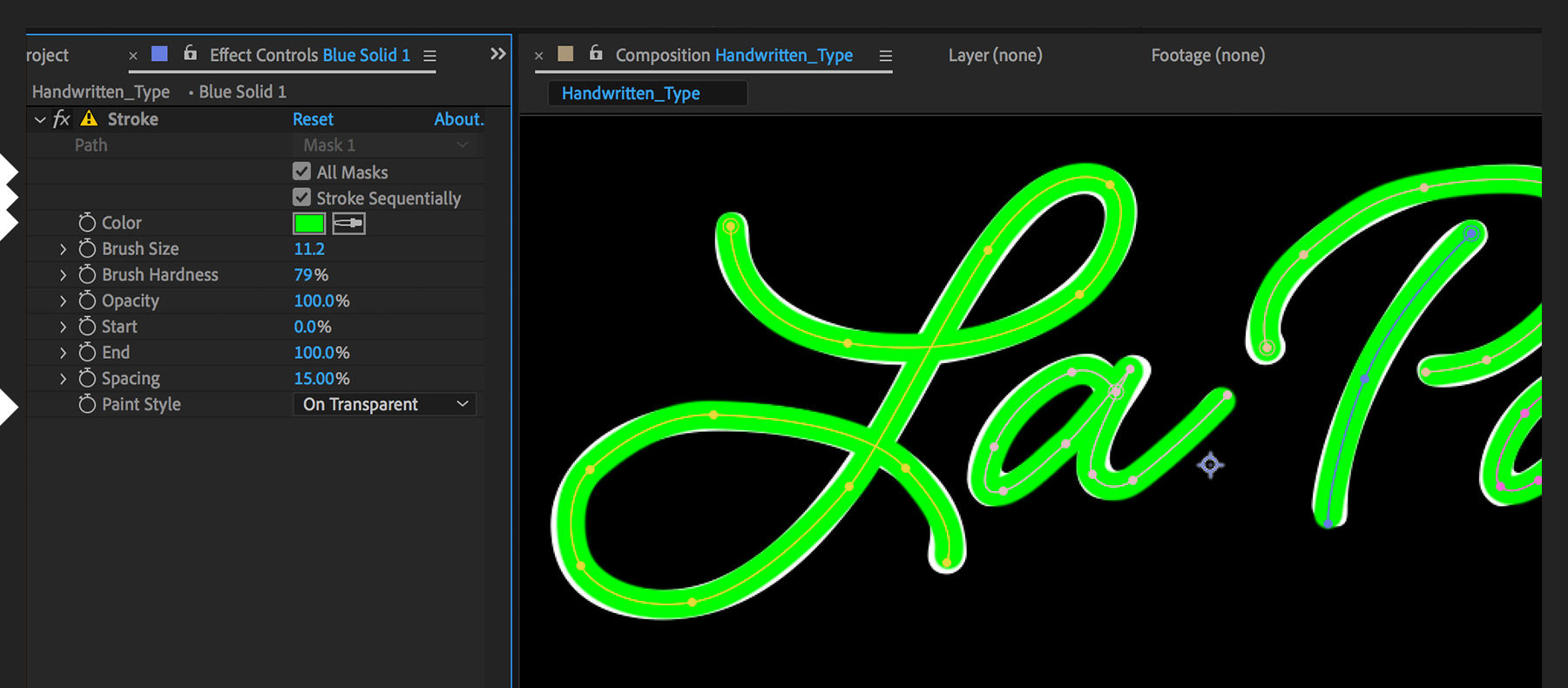 All Masks and Stroke Sequentially options are checked. The stroke is increased so it fills the letters.