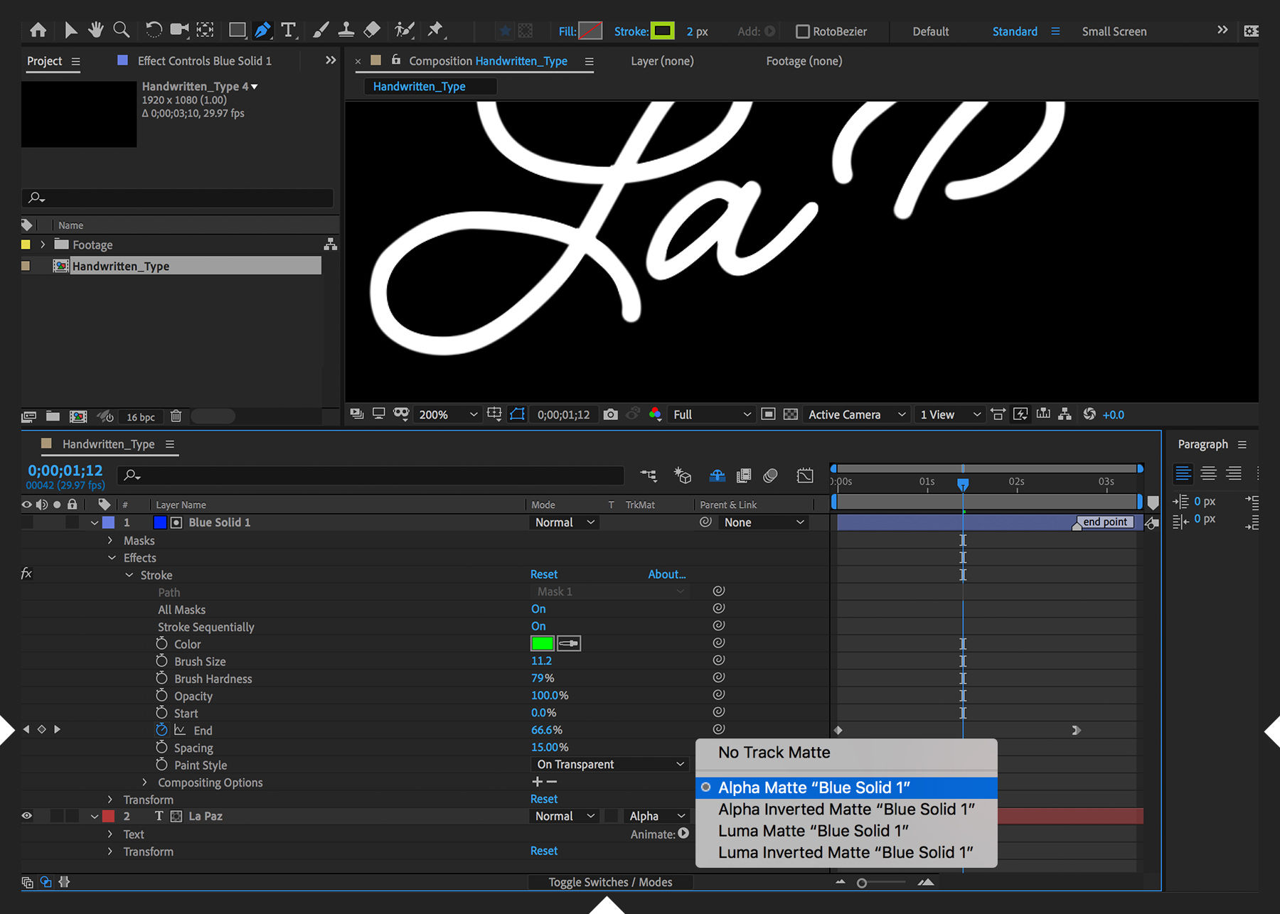 Type layer is set as alpha matte of the solid stroke layer. End keyframes are set from 0 to 100% across a short span of time.