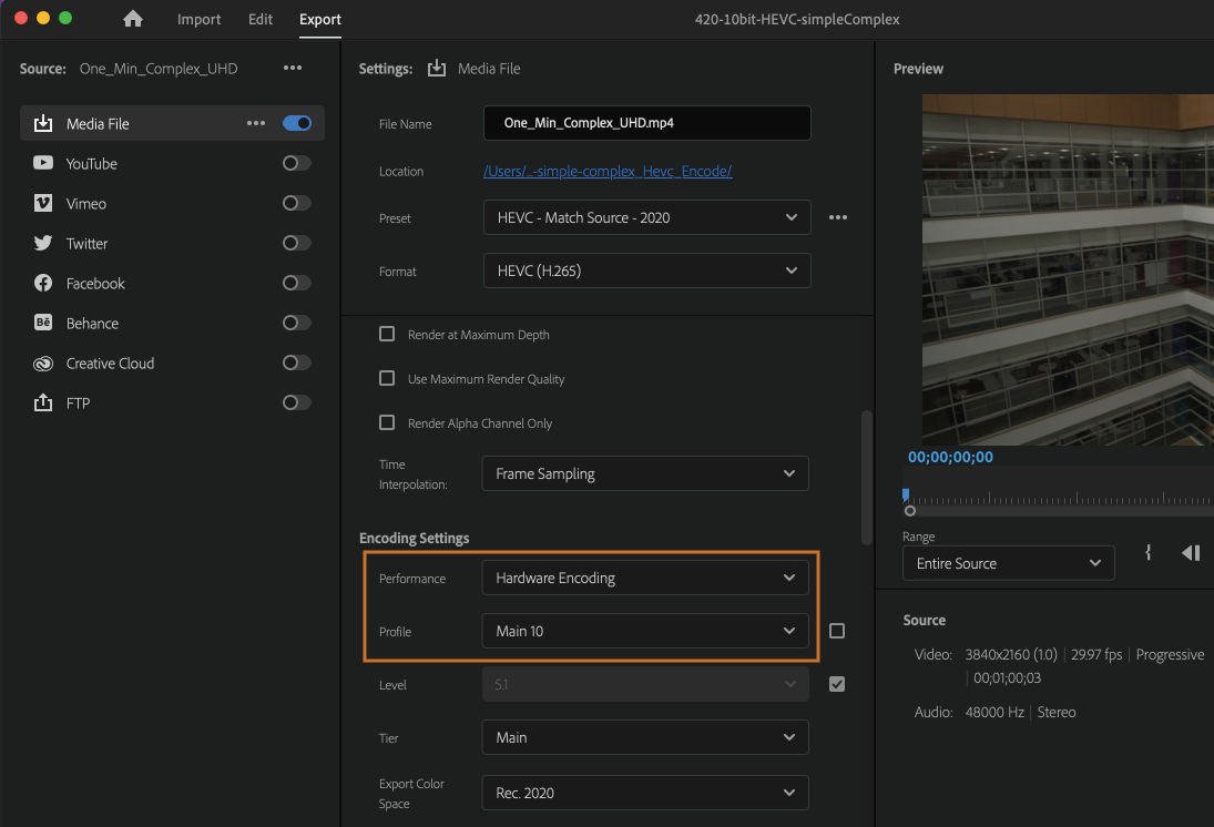 Enable Hardware Accelerated Encoding for 10 bit 4:2:0 HEVC on macOS