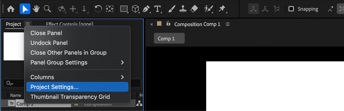 The Project menu is open and Project Settings option is selected.