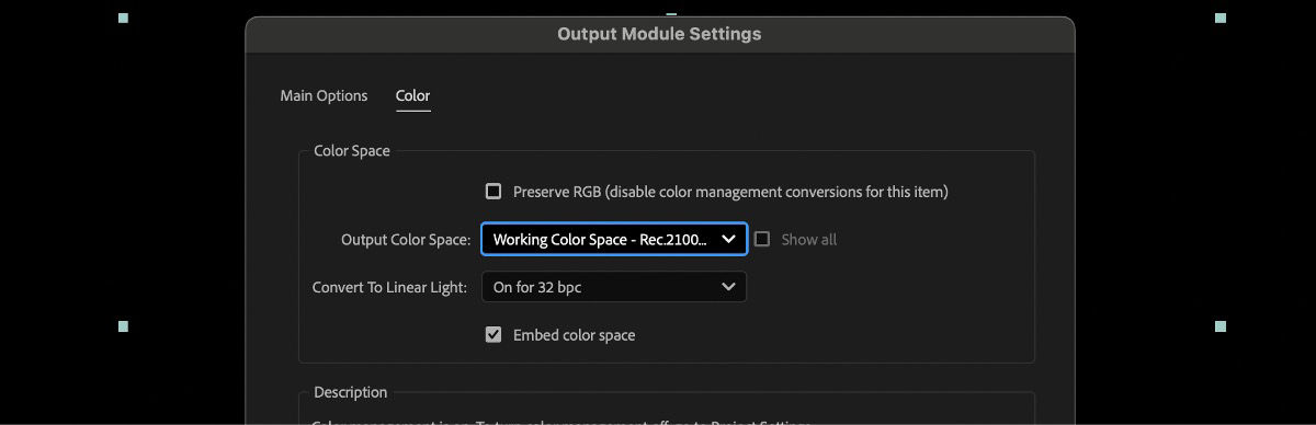 The Output Module Settings dialog box is open and under Color, the Output Color Space selected is Rec 2100 PQ. 