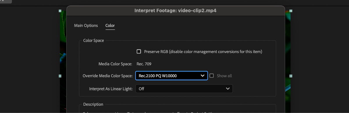 Interpret Footage dialog box is open and in the Color tab, the Override Media Color Space is selected as one of the PQ variants.
