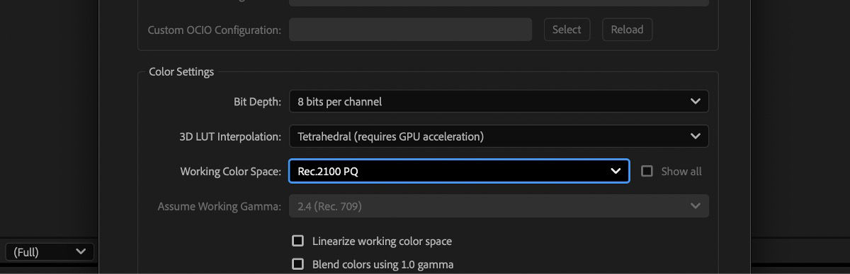 The Project Settings dialog box is open and the Working Color Space under the Color Settings is selected as Rec2100 PQ.