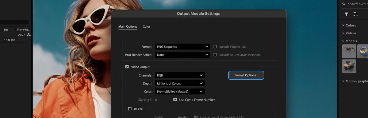 In the Output Module Settings dialog box is open and from the Format dropdown menu PNG Sequence is selected. Format Options is selected to launch the PNG Options dialog box.