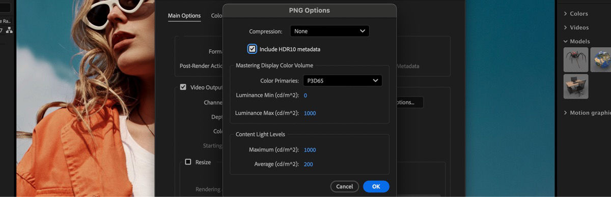 In the PNG Options dialog box, the Include HDR10 metadata option is selected. There are other options under the Mastering display Color Volume and Content Light Levels sections to adjust the color volume and luminance levels.