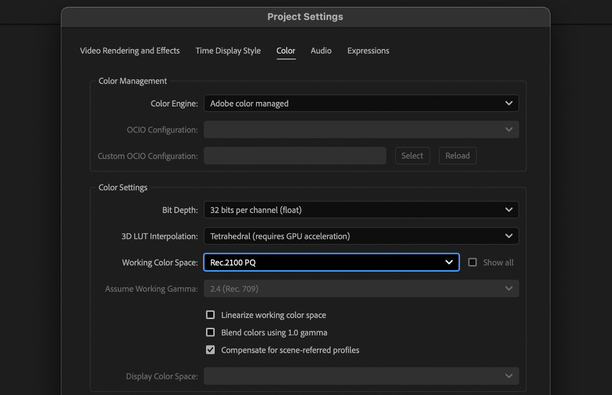 Project Settings dialog box is open and under the Color tab the settings are updated to preview HDR content.