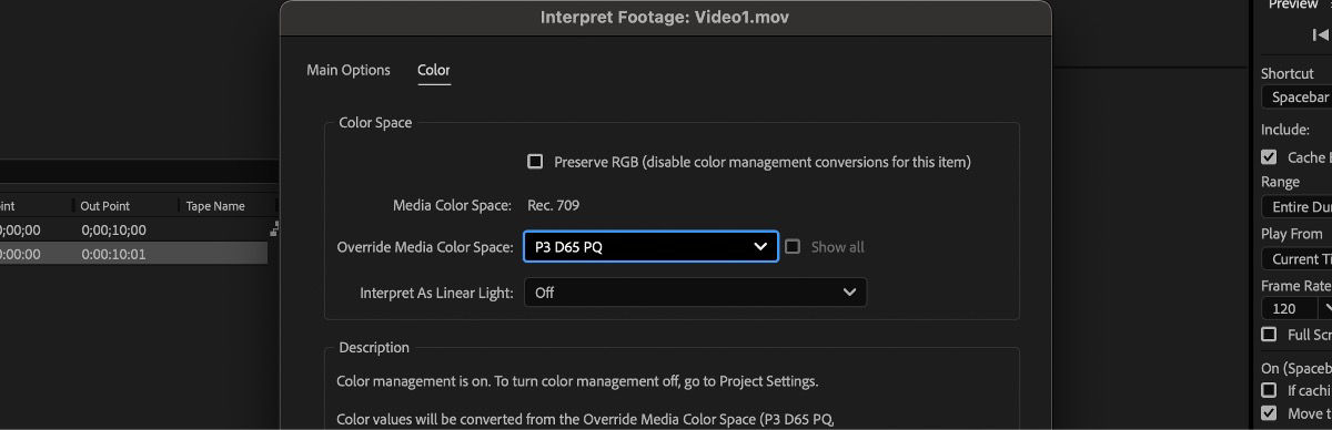 The Interpret Footage dialog box is open and the Override Media Color Space is set to P3 D65 PQ.