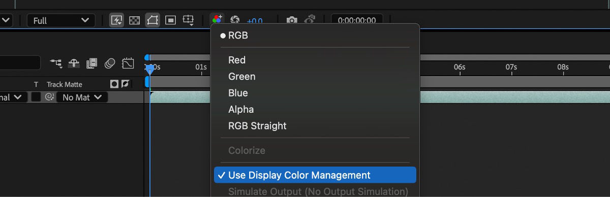 The Show Channel and Color Management Settings is open and enable Use Display Color Management is checked.