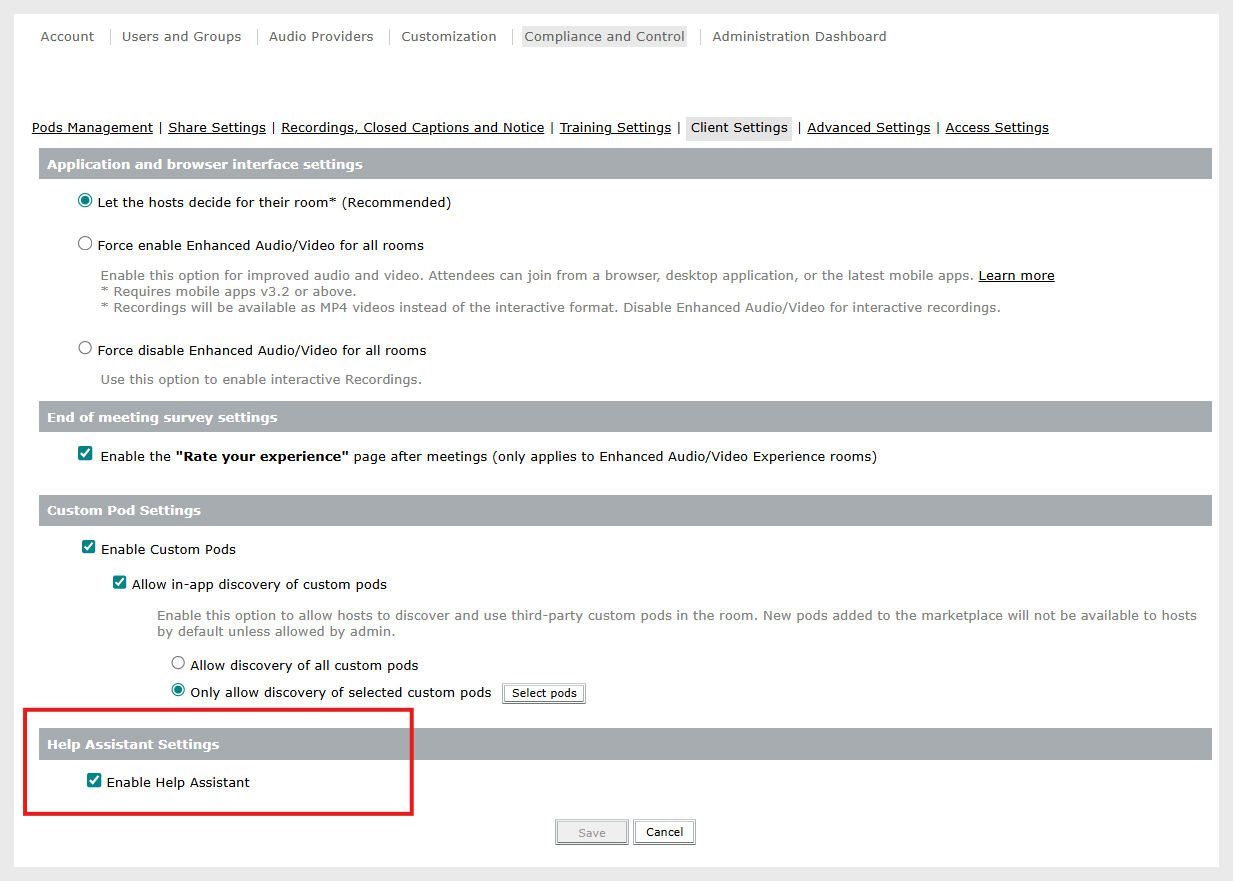 Administrator controls to control availability of Help Assistant