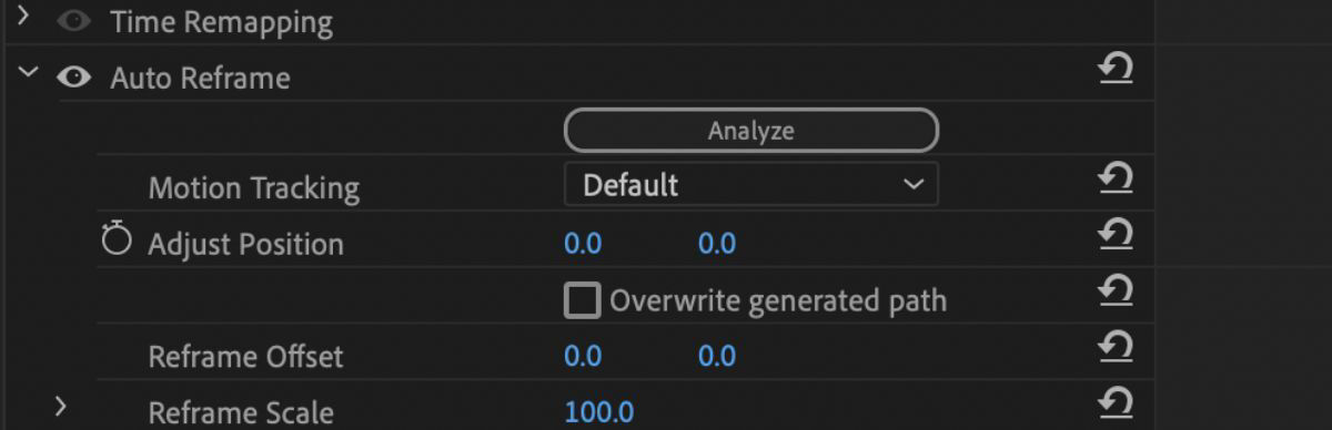 The Auto Reframe effect in the Effect Controls panel