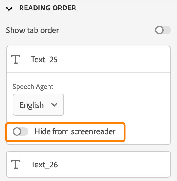 Hide from screenreader toggle for an object in the reading order