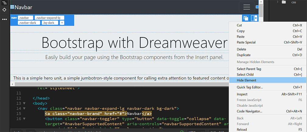 Hide Bootstrap elements in Dreamweaver