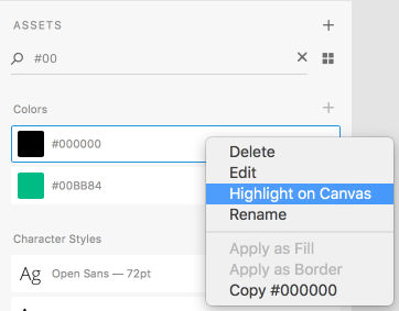 Find and highlight assets on the canvas