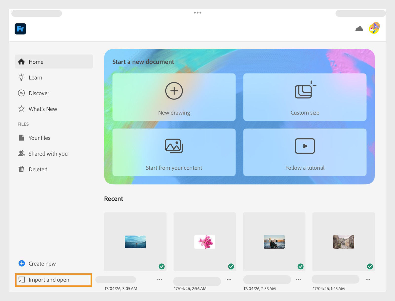 Home screen showing quick-start tiles for new drawing, custom size, start from content, and tutorial options.