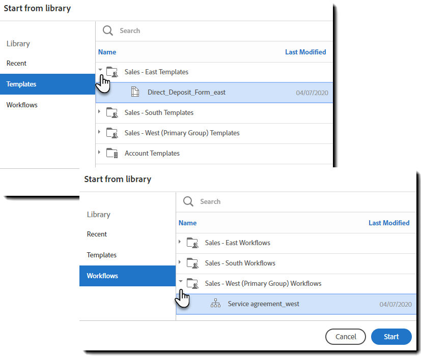 Starting a template or wirkflow form the Home page