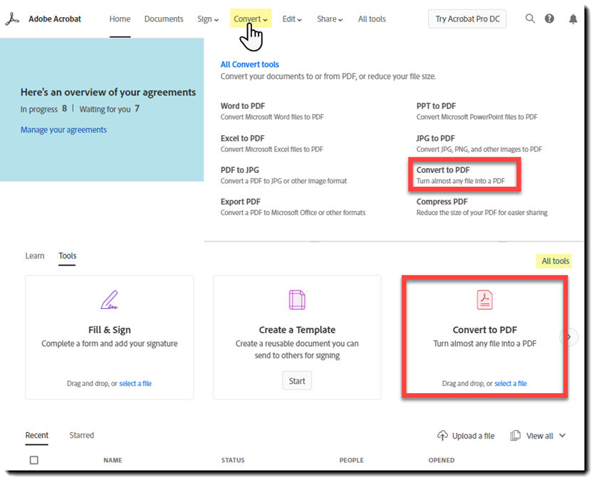 Home page showing Convert to PDF