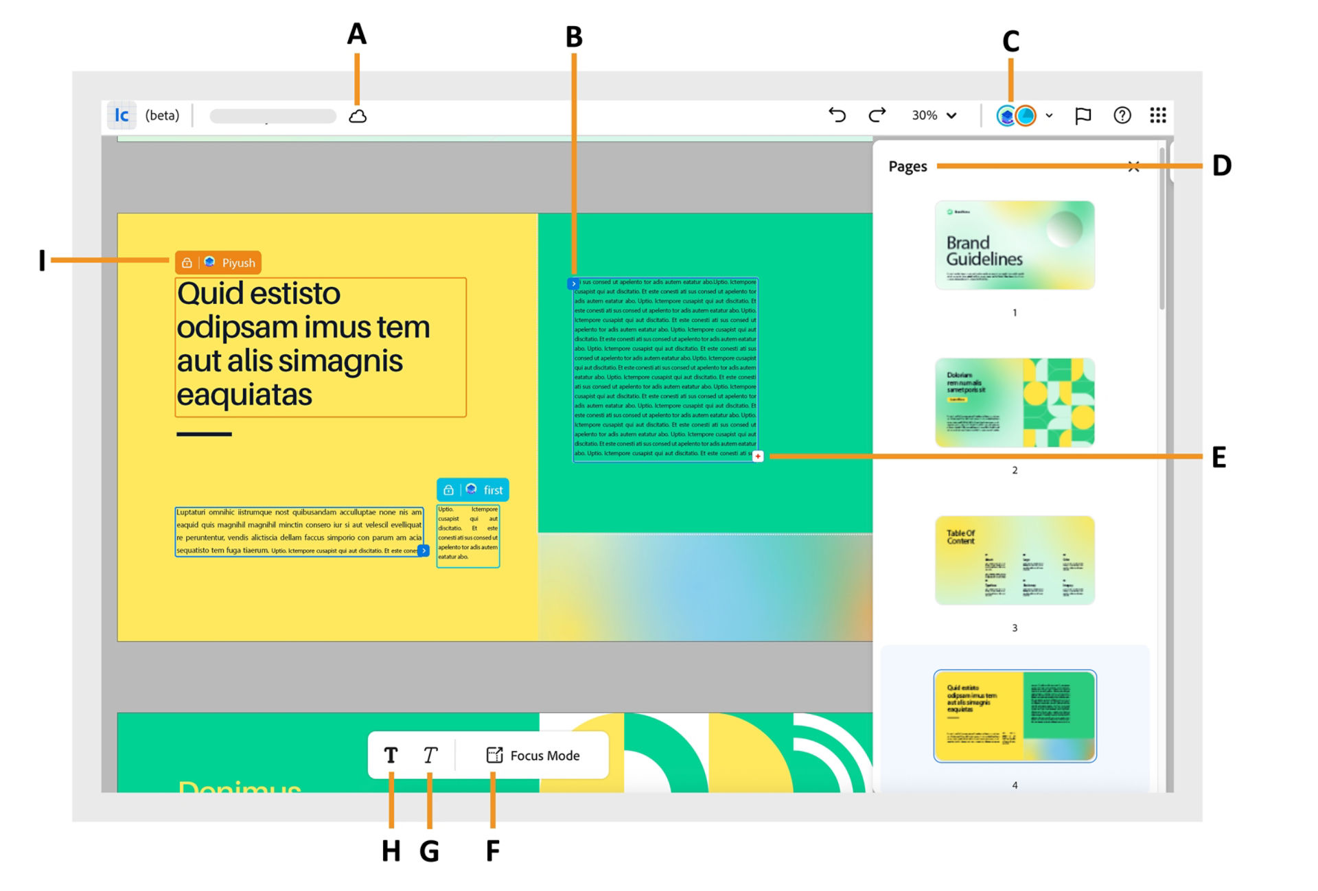 InDesign on the web interface showing text editing, pages panel, collaboration, and focus mode options.