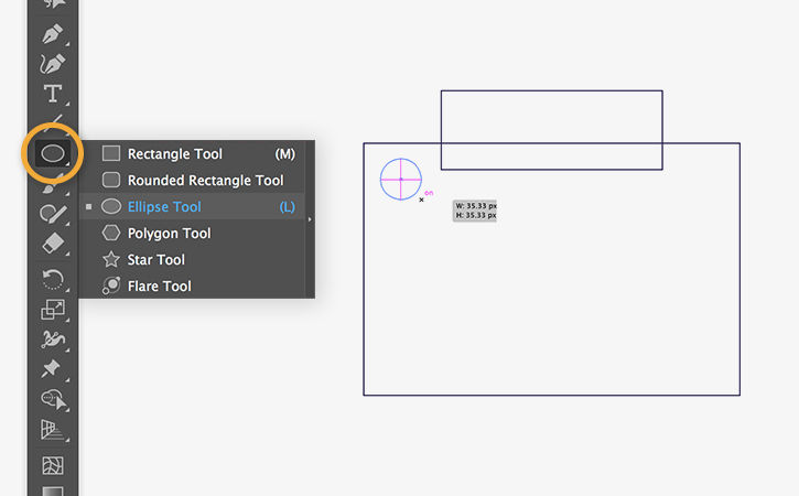 The Ellipse tool is used to add a circle for the camera flash. Magenta crosshairs indicate a perfect circle.