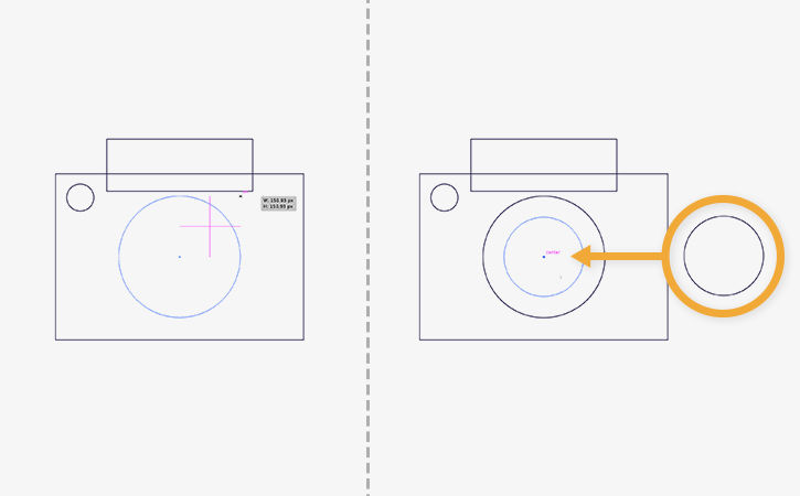 The Ellipse tool is used to add circles for the lens shape. Alt or Option + clicking draws circles from the center.