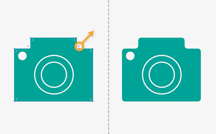 Camera edges are rounded by dragging the rounded corner widget, a small blue circle with filled blue center. 