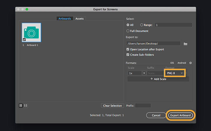 The camera icon is saved in Adobe Illustrator (AI) format, then saved for web by choosing File < Export < Export for Screens 