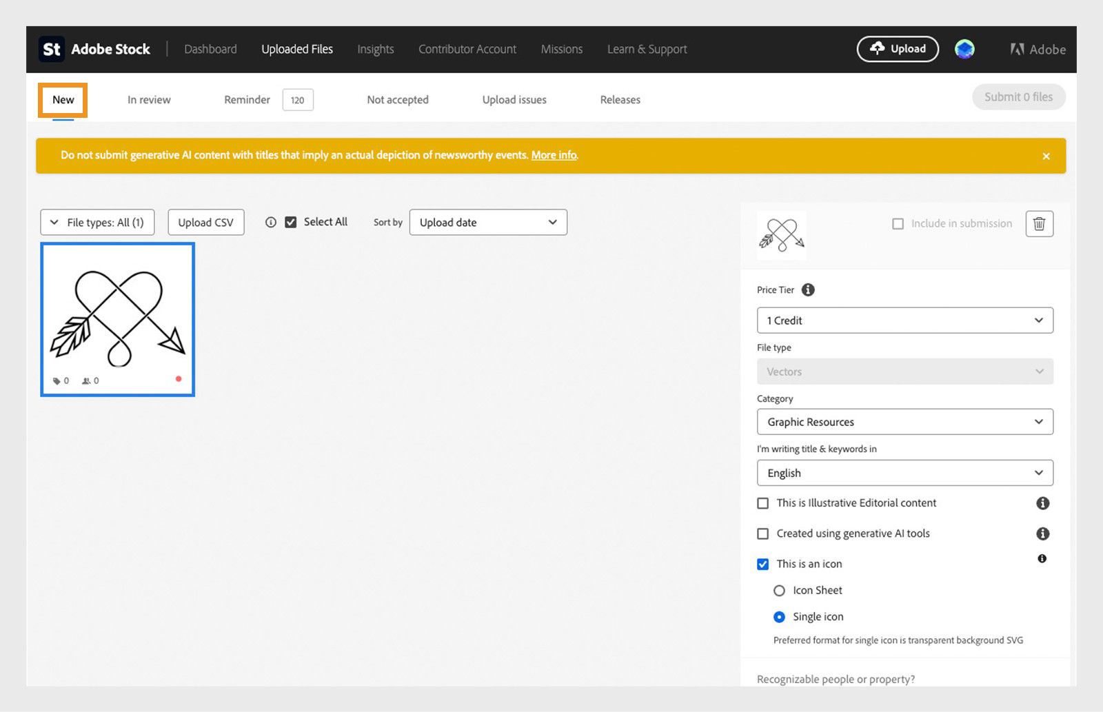 Screenshot of Adobe Stock Uploaded Files page showing the New tab with uploaded images, file details panel on the right, and options to add metadata such as category, keywords, and submission settings.