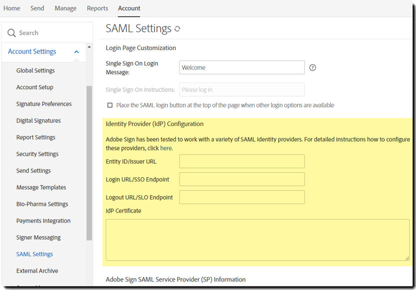 Adobe Sign SAML page