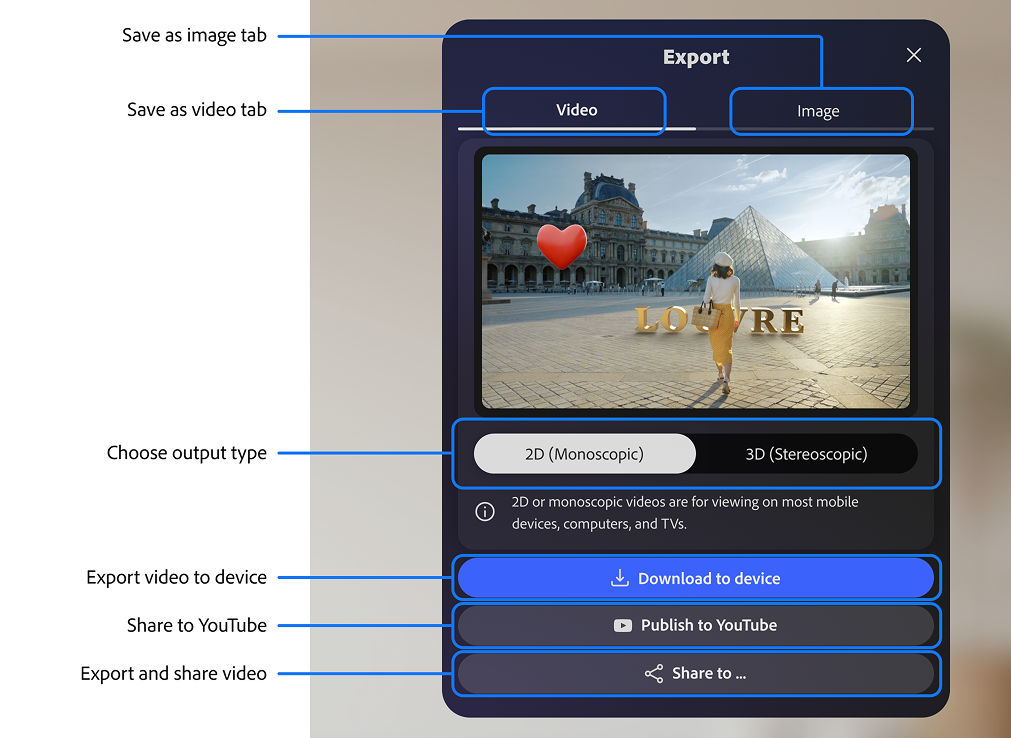 Labeled screenshot of the export panel.