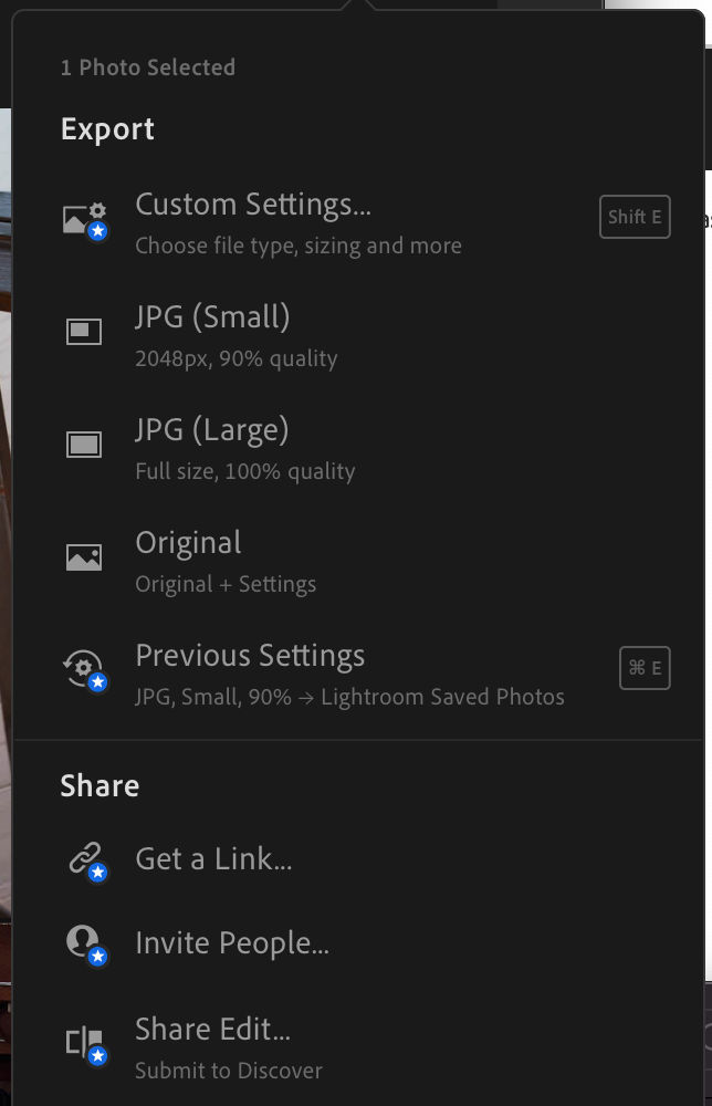 Share menu Export options
