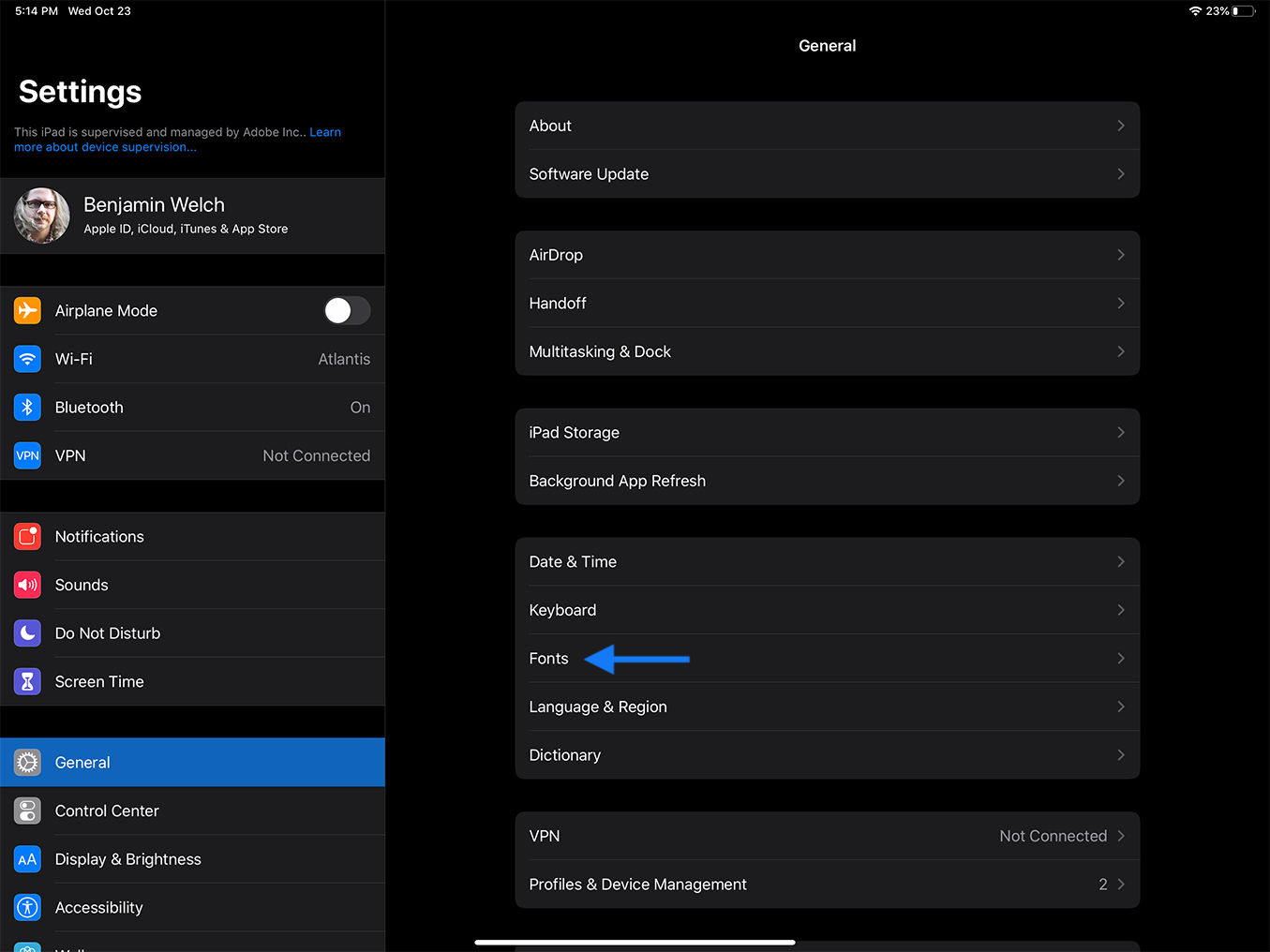 Settings > General > Fonts - iPad