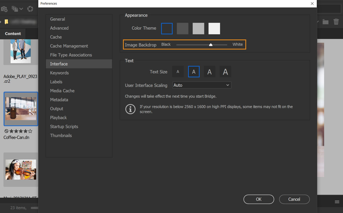 Use the Image Backdrop slider to adjust contrast of the background theme of the Content and Preview panels.