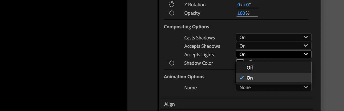 In the Properties panel, within the Compositing Options, the Accepts Lights setting is enabled.