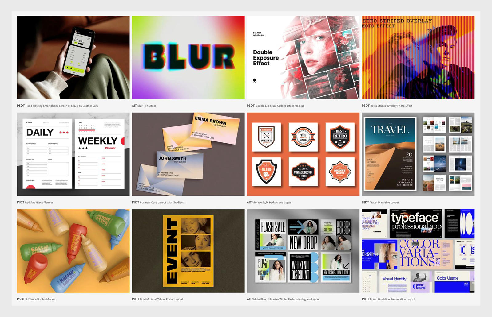 Sample design templates showing a variety of layouts, styles, and use cases.