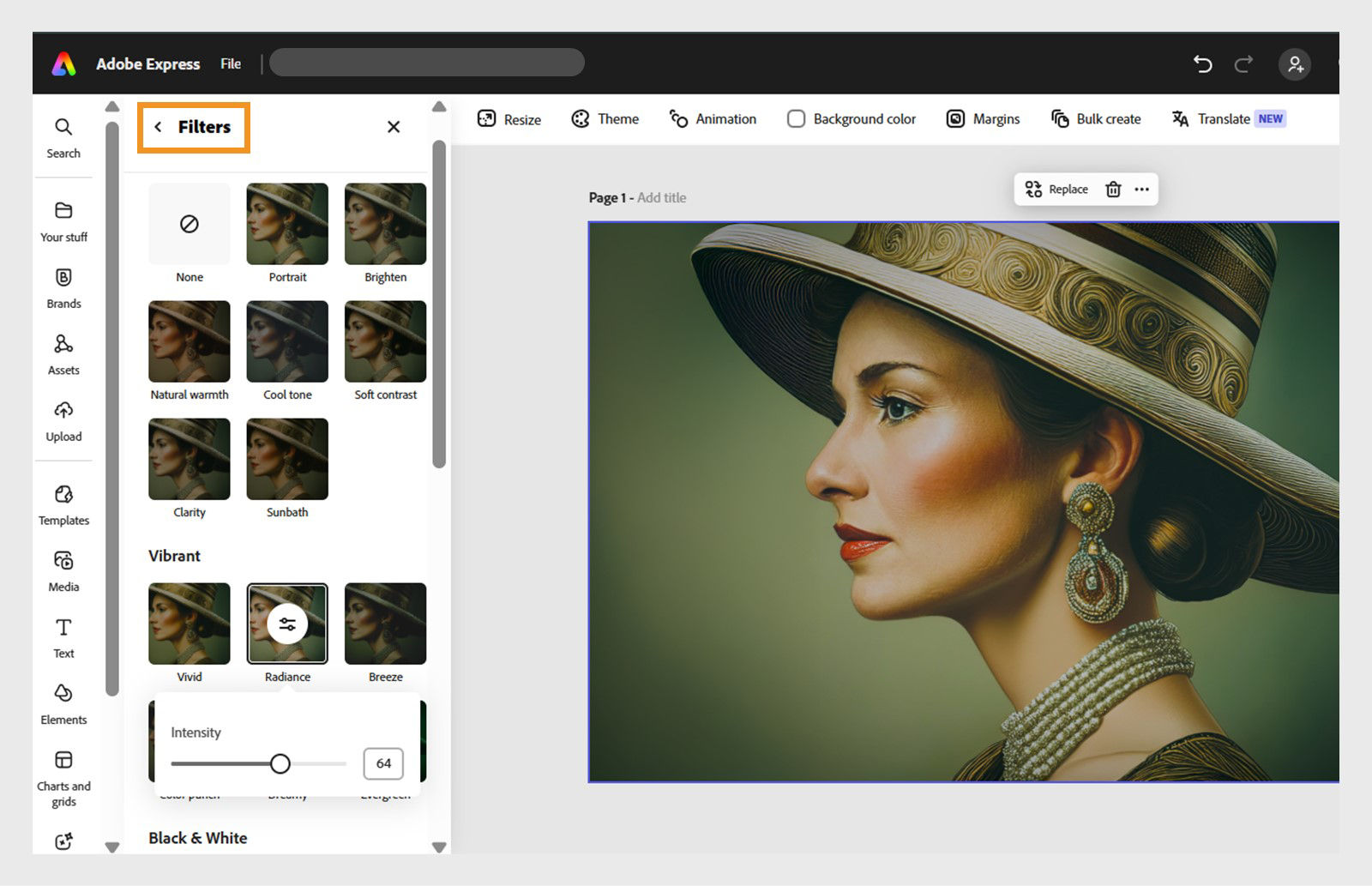 Adobe express editor open with the portrait of a woman on the page and the filters open to choose a filter and the intensity level adjusted.