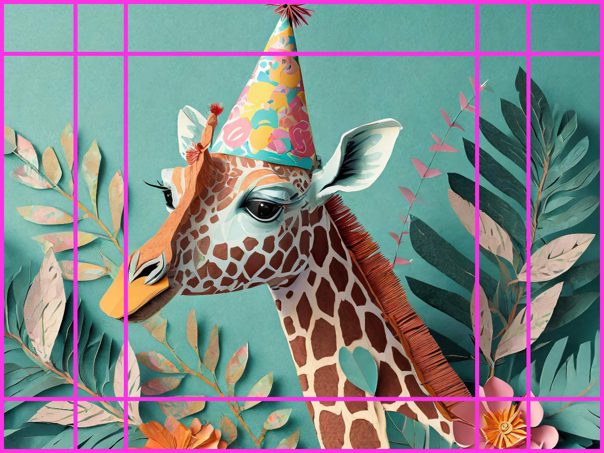 An image of a giraffe wearing a party hat. The image has a landscape (4:3) ratio and features colorful paper flowers and leaves surrounding the giraffe, creating a festive and playful atmosphere.