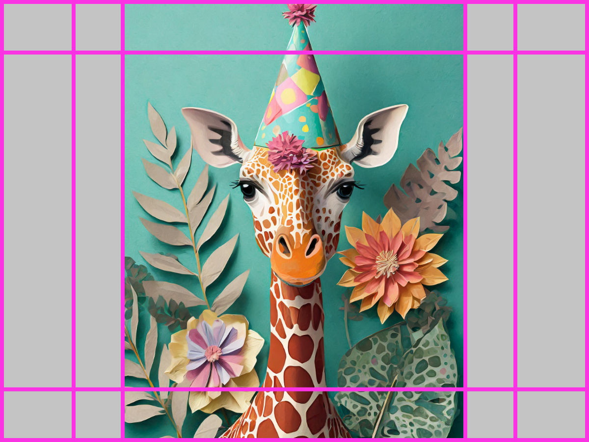 An image of a giraffe wearing a party hat. The image has a portrait (3:4) ratio and features colorful paper flowers and leaves surrounding the giraffe, creating a festive and playful atmosphere.