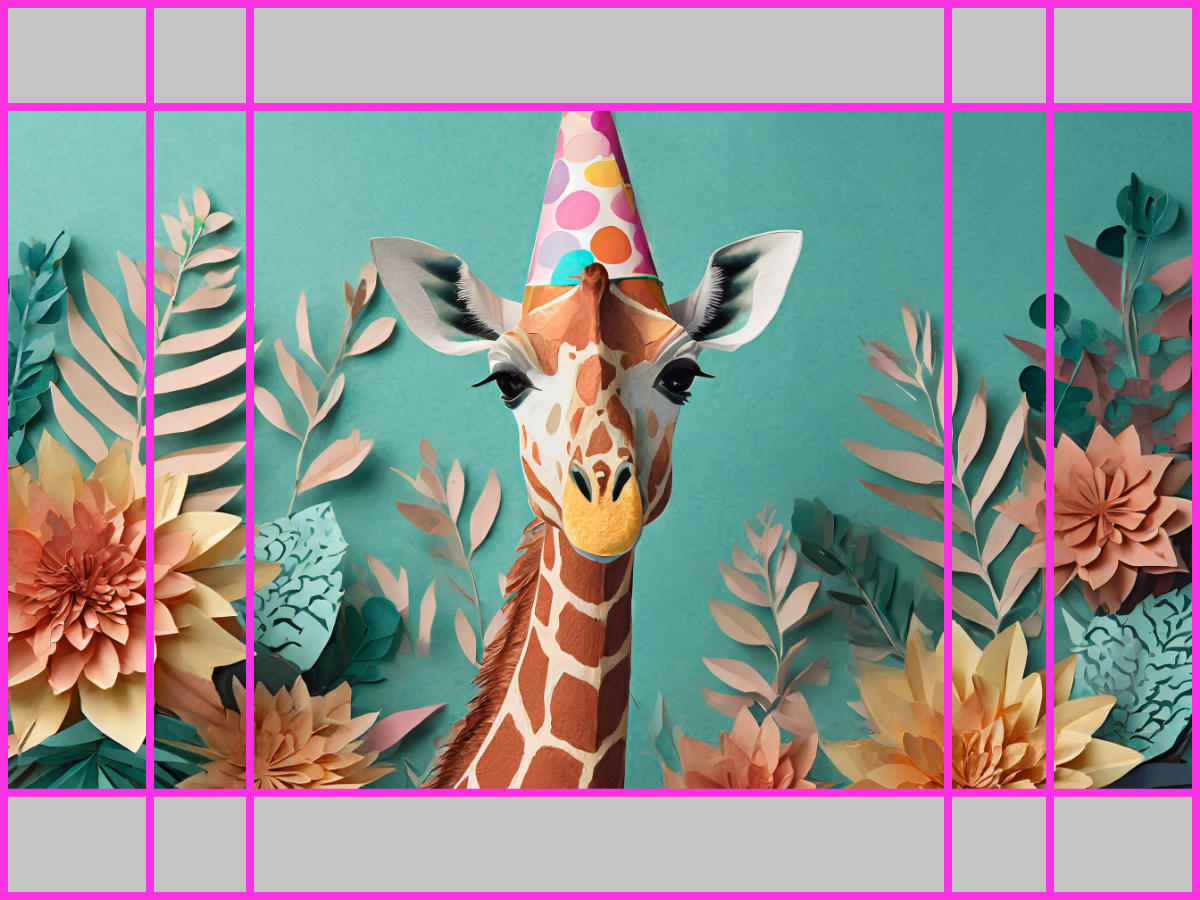 An image of a giraffe wearing a party hat. The image has a square (1:1)  ratio and features colorful paper flowers and leaves surrounding the giraffe, creating a festive and playful atmosphere.