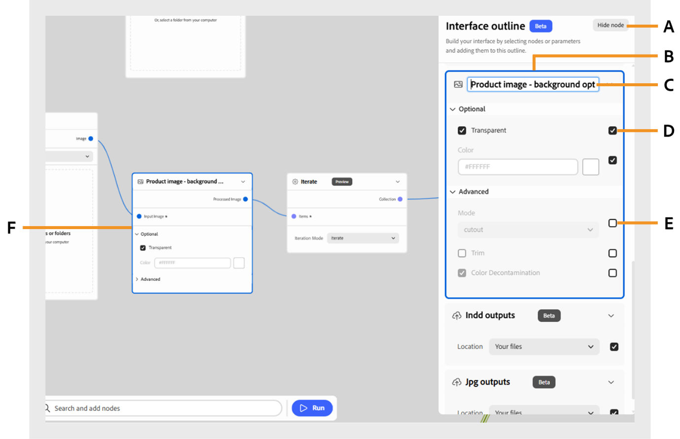 A widget is selected on the canvas and added to the Interface outline panel. The panel shows the option to rename the widget, and activated and hidden widget settings.