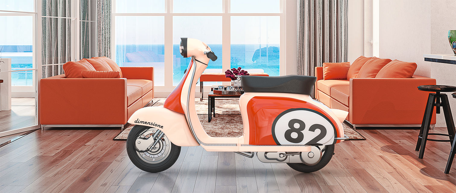 A photorealistic 3d composite image of a moped in a living room.