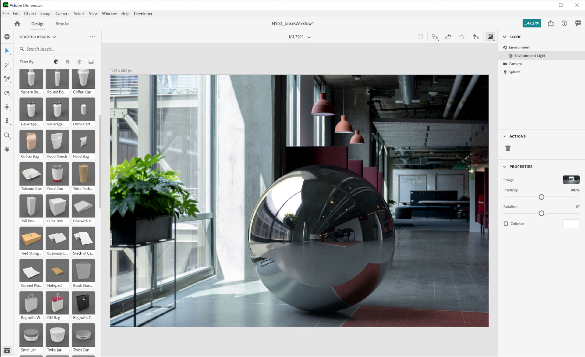 A photorealistic virtual photograph of a metal sphere is composited onto a background image of office space.