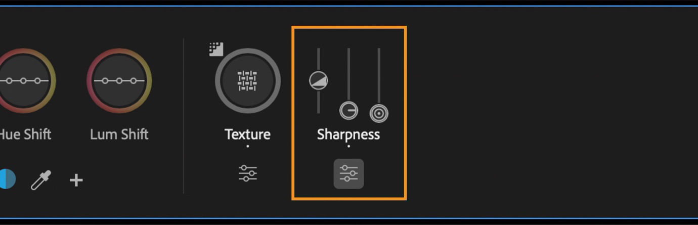 Sharpness control expanded with sliders for amount, radius, and threshold adjustments.